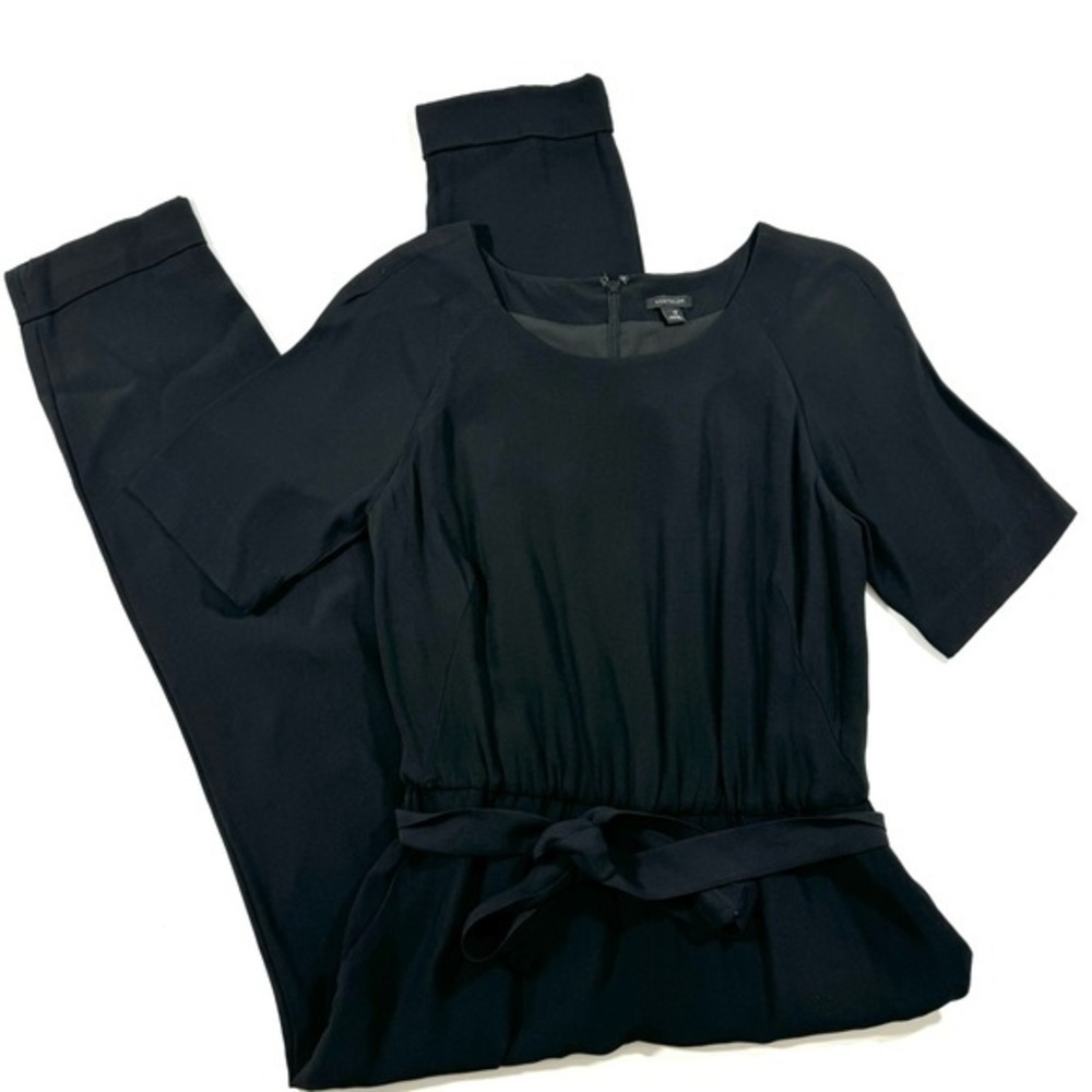 Ann Taylor Tapered Leg Jumpsuit Black Tie Waist Round Neck